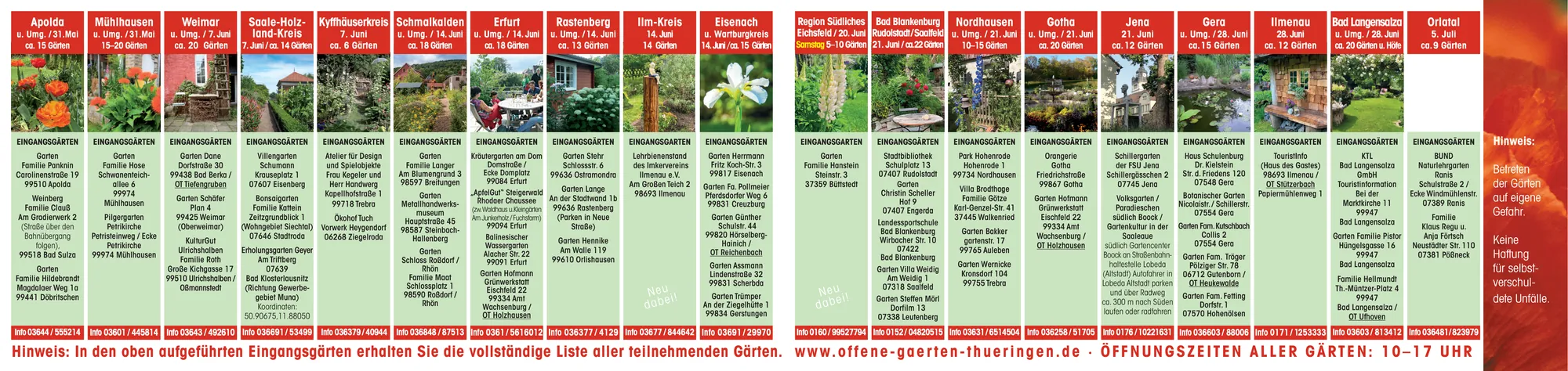 Offene G&auml;rten Th&uuml;ringen 2026 - Flyer R&uuml;ckseite mit Terminen und Eingangsg&auml;rten
